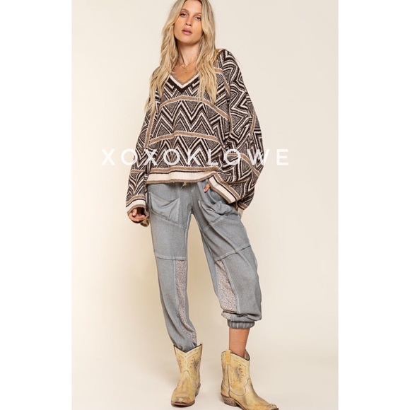 POL Brown Multi Aztec Pattern V Neck Sweater Oversized Slouchy Fit - Picture 4 of 11